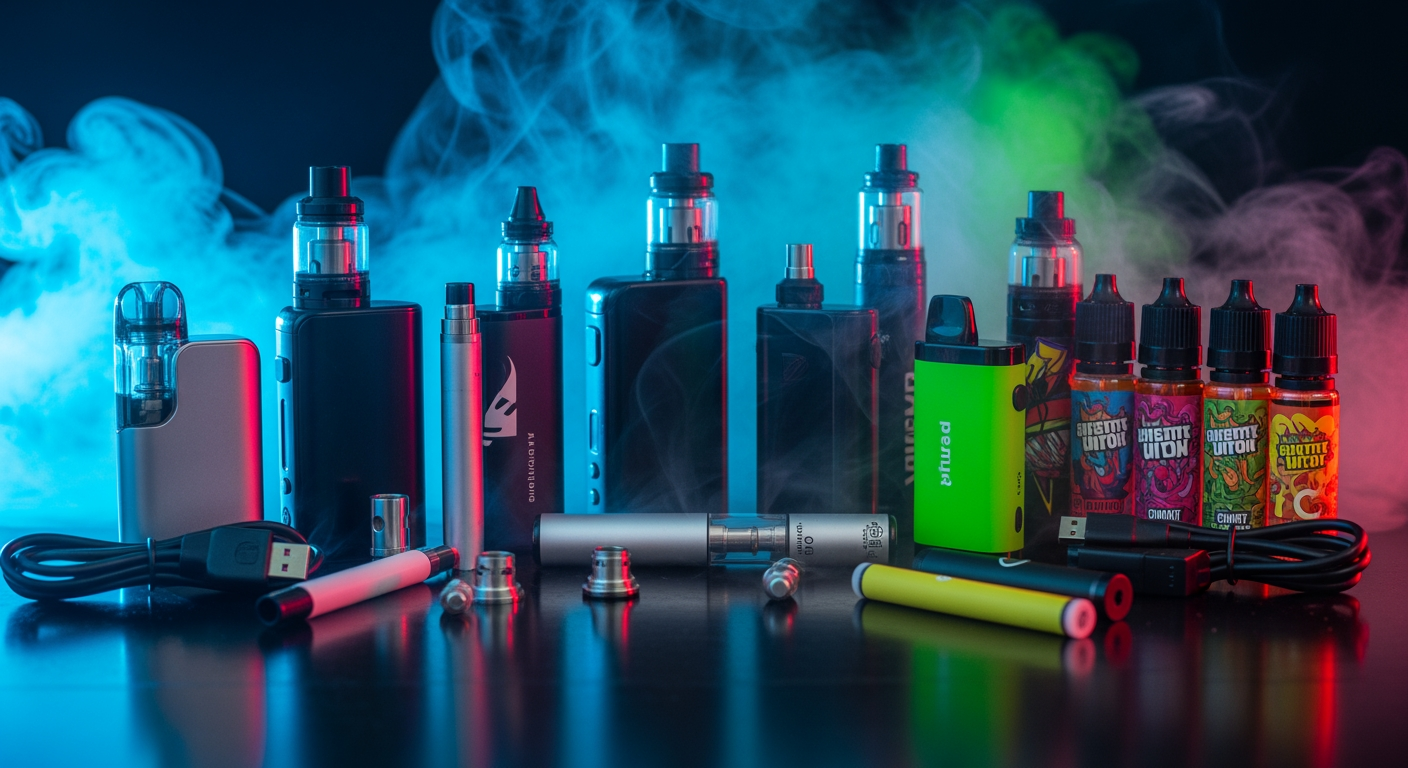 Firefly_Imagen_verschidene Vapes und e-zigaretten, Rauch, Vape-Zubehor und kleine E-Liquid Flaschen, 369319