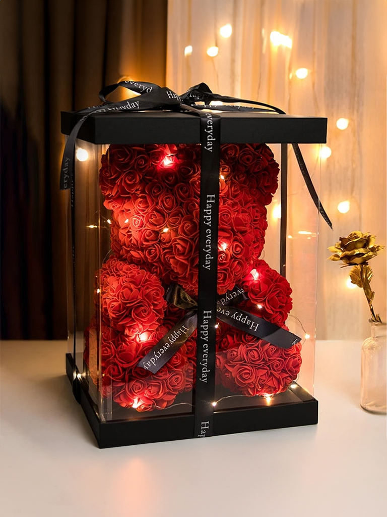 Rosen Teddybär Geschenk mit LED - Rot 30cm